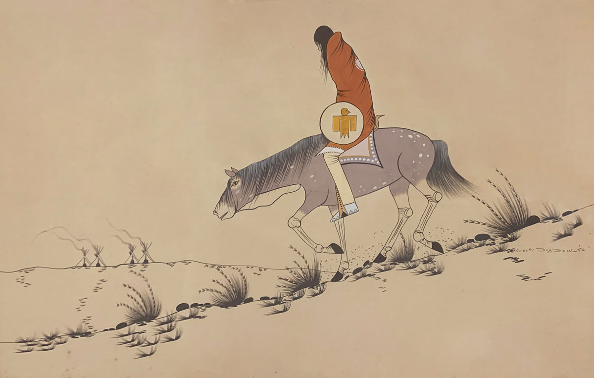 Simple painting of a Native American man on a gray dappled horse. The man is wrapped in a red blanket and carries a shield with a yellow thunderbird symbol.
