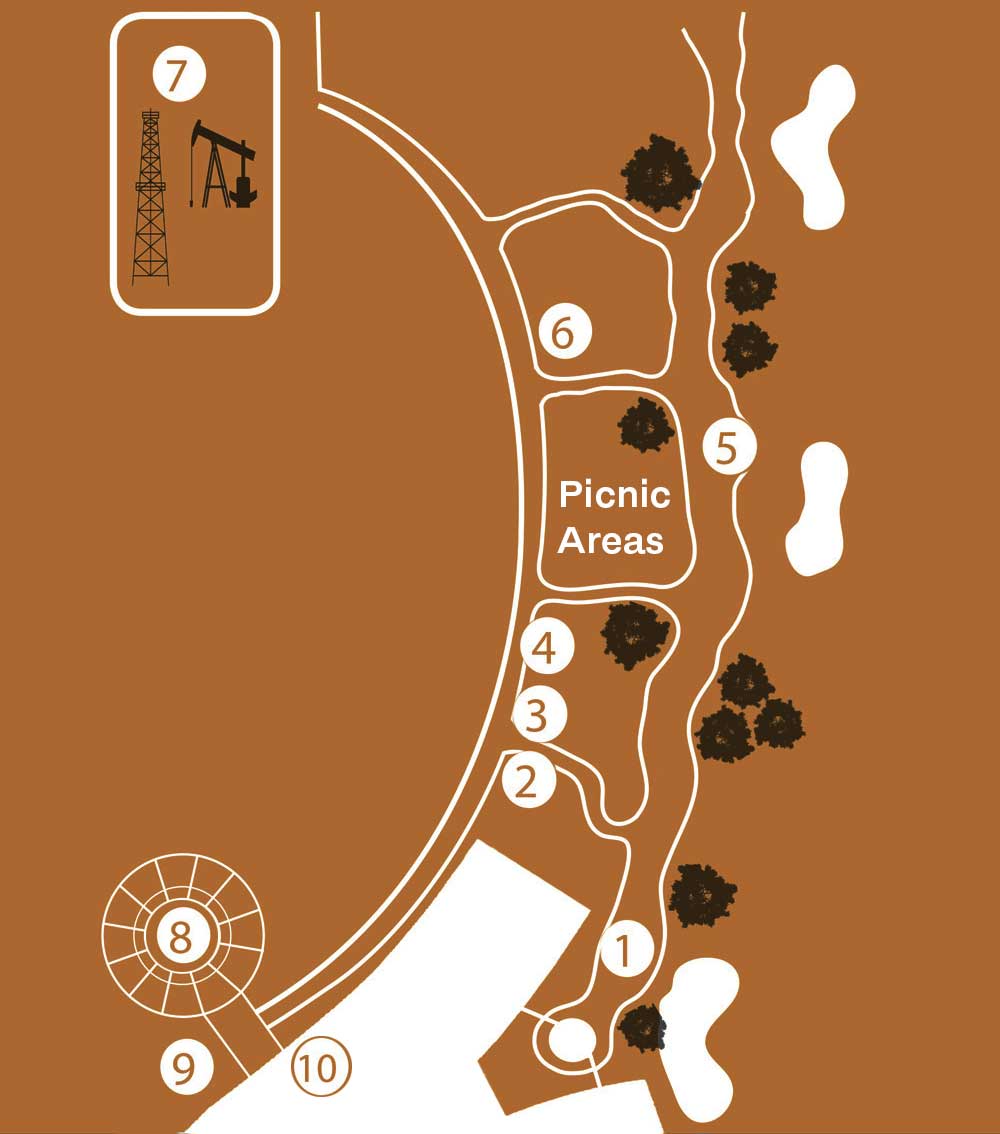 Map of outdoor exhibits and sculptures on the Oklahoma History Center grounds.