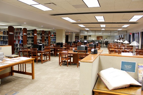 The Research Center library includes bookshelves and tables with computers