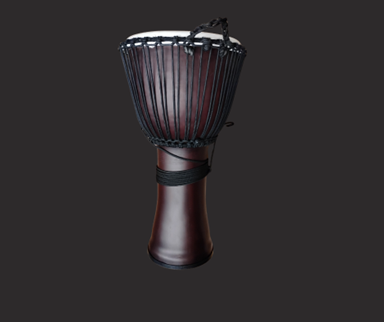 A dark brown drum with a white top and wrapped in black cord. The base is longer, so it can be held in the hand. 