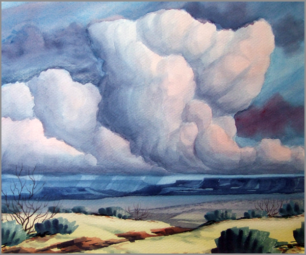 A watercolor landscape with large billowing rainclouds over the desert-like scene with minimal vegetation.