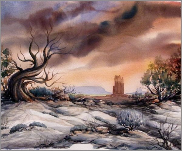 A stark landscape with a curving leafless tree and a large, tall rock formation in the distance. The sky is a brooding deep brown to light orange color.