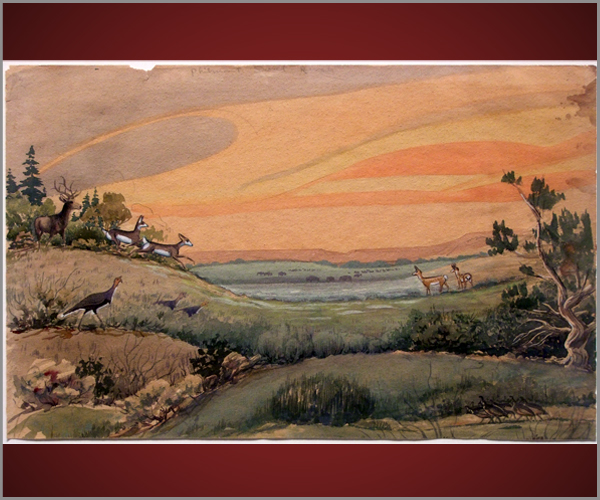 Deer and turkeys in a grassy landscape with trees and valleys. The sky is a swirl of orange.