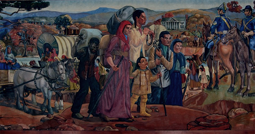 A painting of a long line of people walking and traveling by wagon, with United States soldiers watching them from horseback. In the distance is a large home and mountains..
