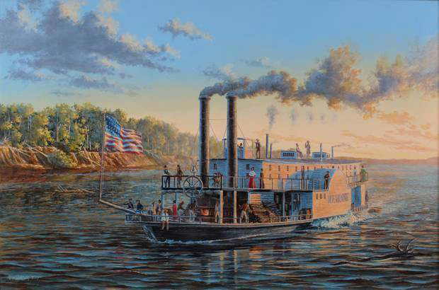 Painting of the steamboat Heroine on the Red River, with crew and passengers visible on the deck and an American flag flying from the front of the boat.