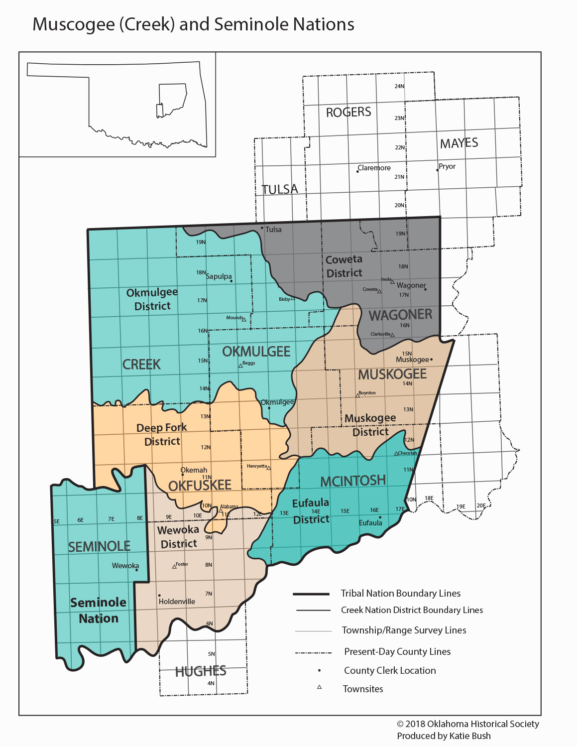 Map showing Seminole lands in the center of the state and Creek Nation lands in the northeastern region.